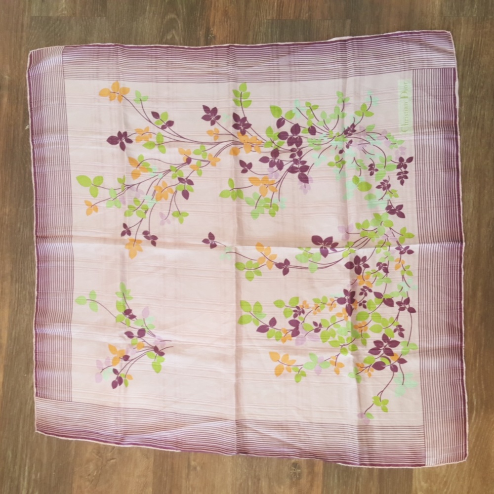 Vintage 70s Christian Dior Lavender Floral Motif Silk Scarf